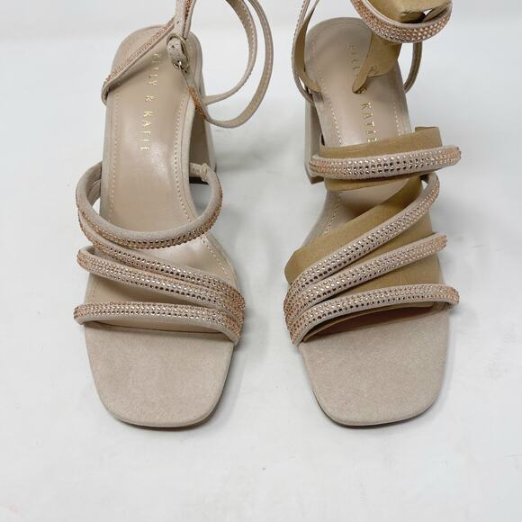 New Kelly & Katie 7.5 Light Peach Microsuede Cadene Sandal Heel Rhinestone Block - Picture 8 of 13